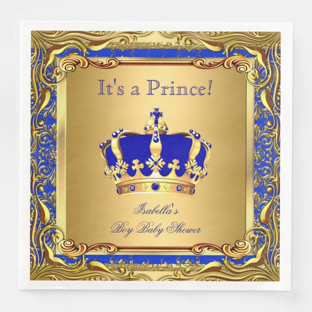 Kunglig blå prins guld krona baby shower pojke pappersservett (Framsida)
