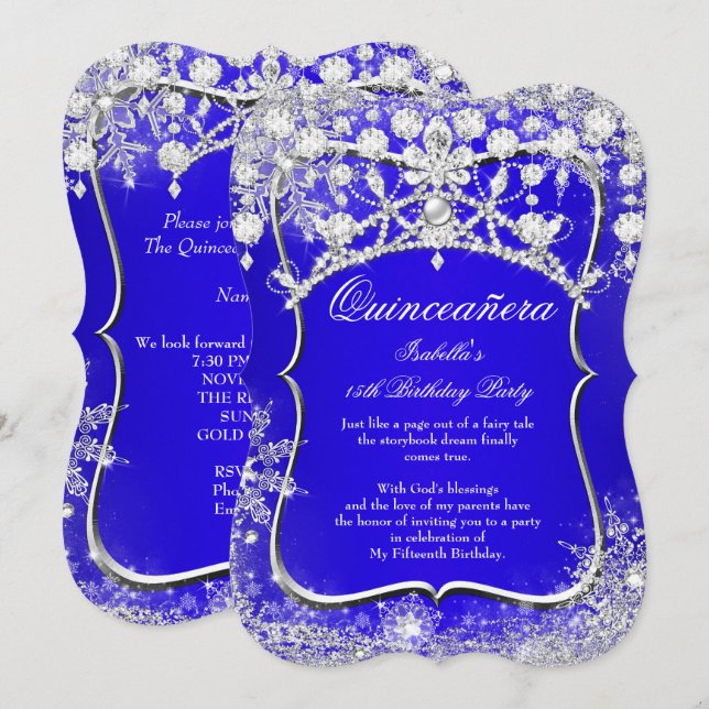 Kunglig Blå Quinceanera 15:e Vinterundret Inbjudningar (Fram/baksida)
