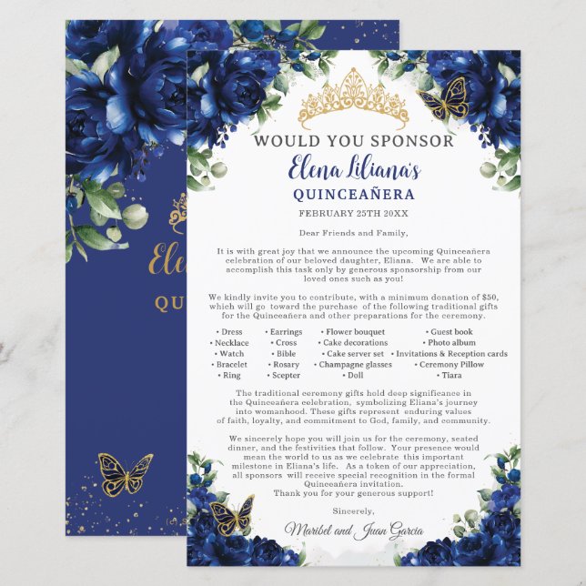 Kunglig blå Quinceanera 15 sponsorförfrågan brev (Fram/baksida)