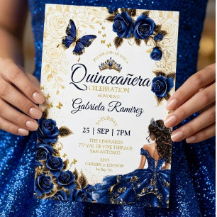 Kunglig blå Quinceañera gyllene tiara rosor Inbjudningar