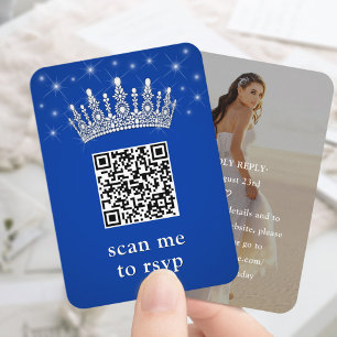 Kunglig blå Quinceañera-krona & stjärnor QR RSVP-f Tilläggskort