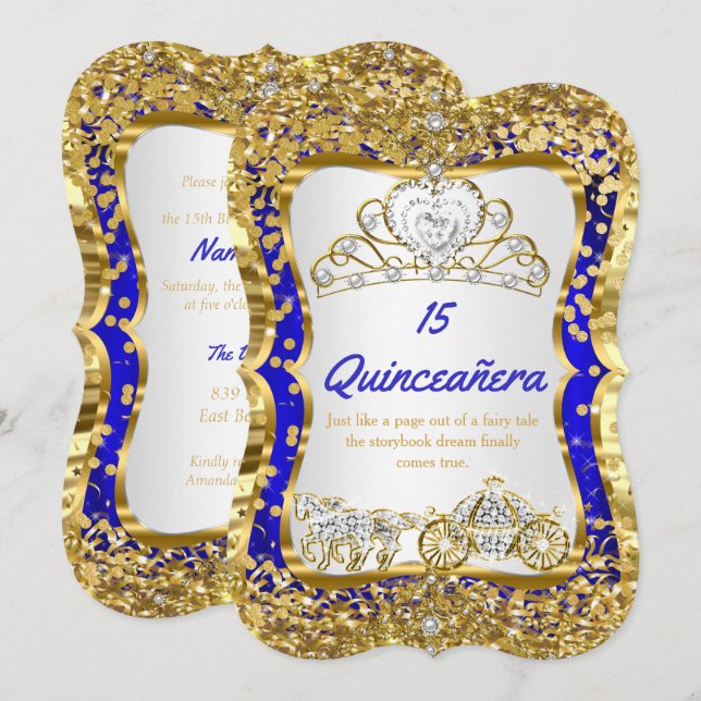 Kunglig Blå Quinceanera Magisk Tiara Guld Inbjudningar (Fram/baksida)