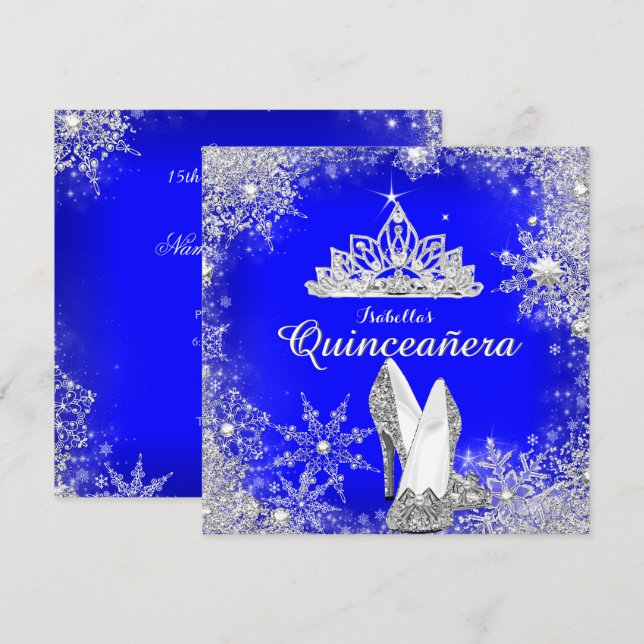 Kunglig blå Quinceanera silvertiara 15-årsdag Inbjudningar (Fram/baksida)