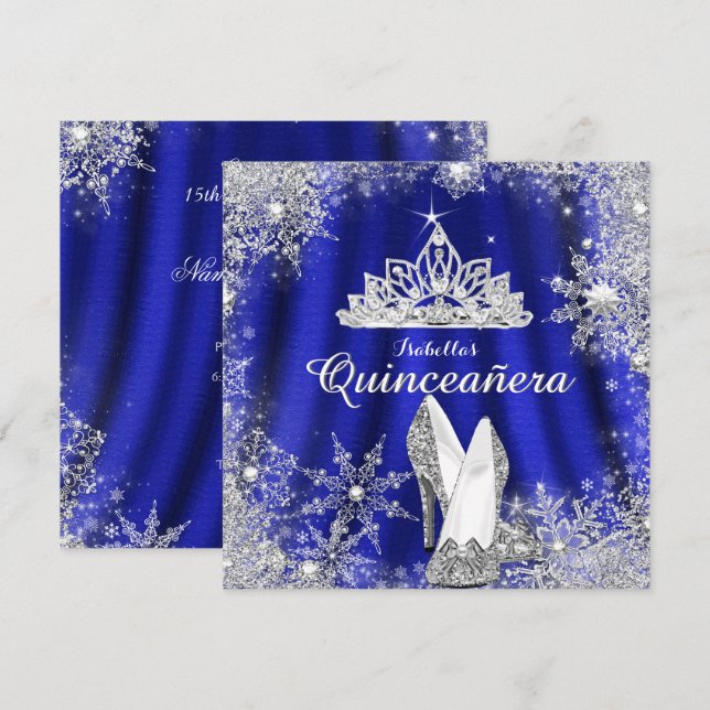 Kunglig Blå Quinceanera Silvertiara 15-årsdag Inbjudningar (Fram/baksida)