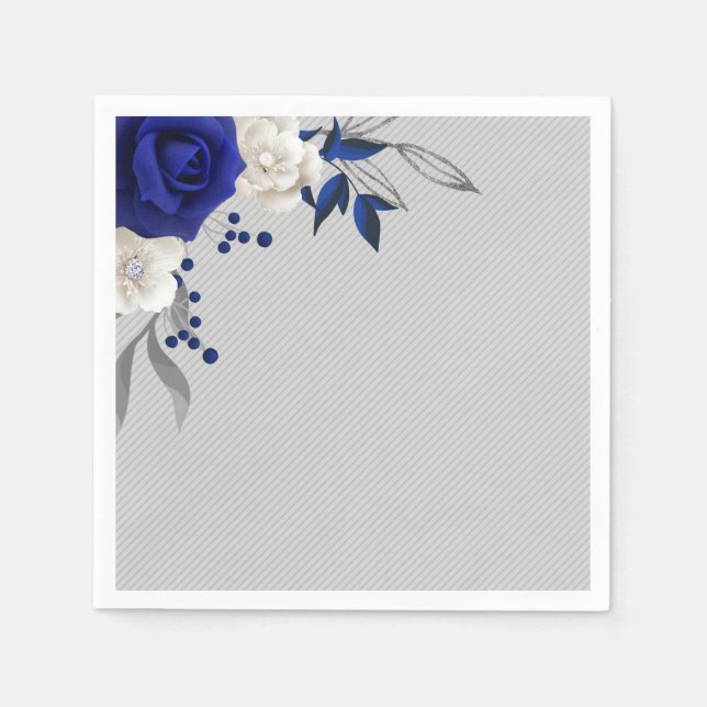 kunglig blå ros vita blommor grå bröllop pappersservett (Framsidan)