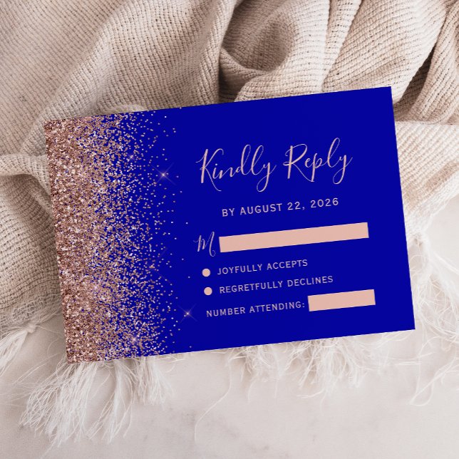 Kunglig blå roséguld falsk glitterkant RSVP-kort OSA Kort (Skapare uppladdad)