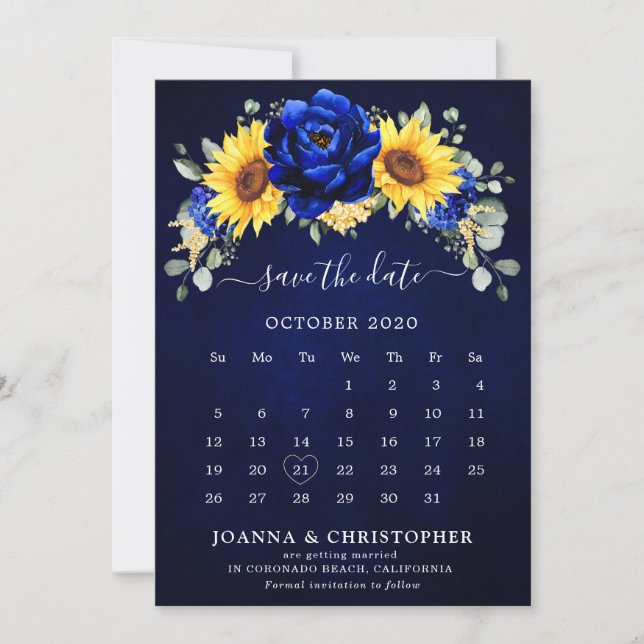 Kunglig Blå Rustik Solros Modern Blomsterkalender Spara Datumet (Framsida)