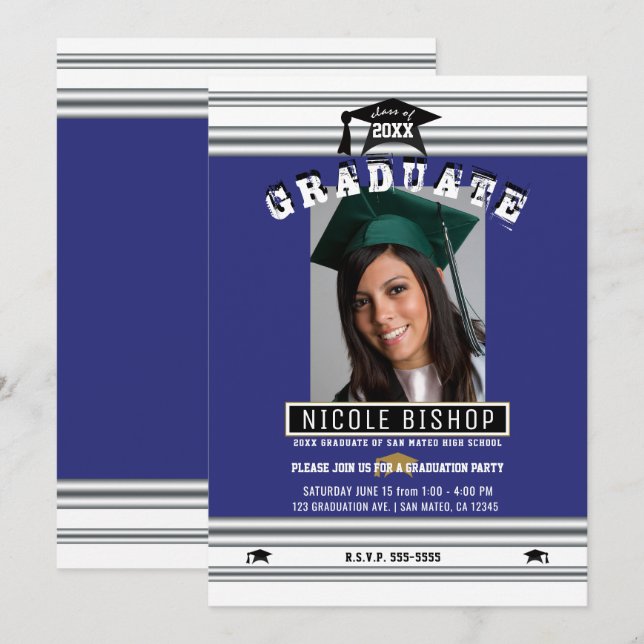 Kunglig Blå Silver Elegant Foto Examenfest Inbjudningar (Fram/baksida)