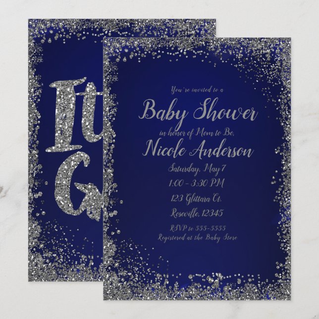 Kunglig Blå Silver Glitter Glam Modern Bebis-fest Inbjudningar (Fram/baksida)