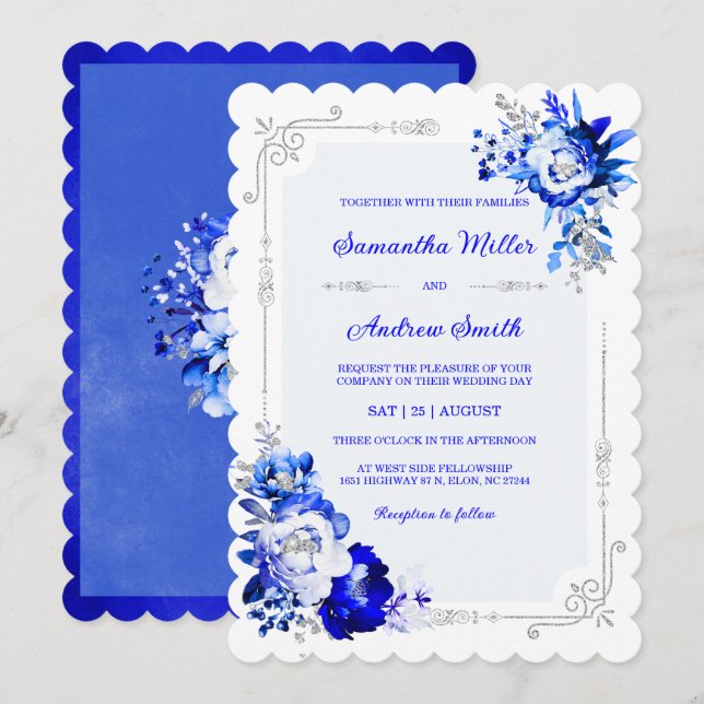 Kunglig blå, silver och vit bröllopsfärgsschema inbjudningar (Fram/baksida)