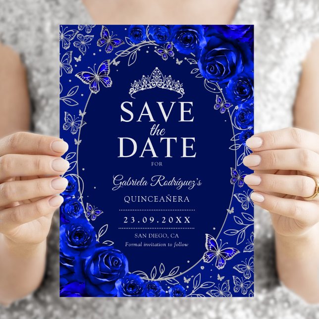 Kunglig blå silver Quinceanera blomster Spara Datumet (Skapare uppladdad)
