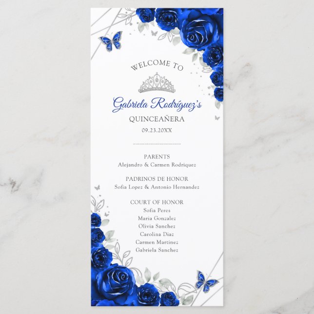 Kunglig blå silver Quinceanera händelseförlopp Program (Framsida)