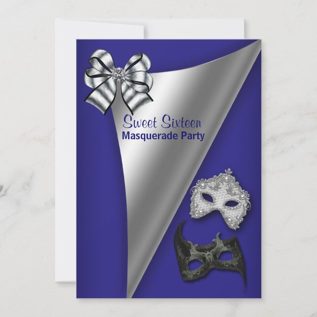 Kunglig blå silver Sweet Sixteen maskeradfest Inbjudningar (Framsida)
