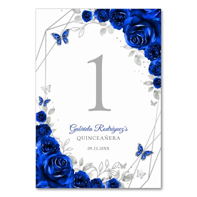 Kunglig blå silverblommig Quinceanera Bordsnummer (Framsidan)
