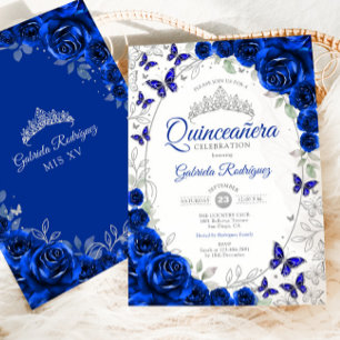 Kunglig blå silverblommig Quinceanera Inbjudningar