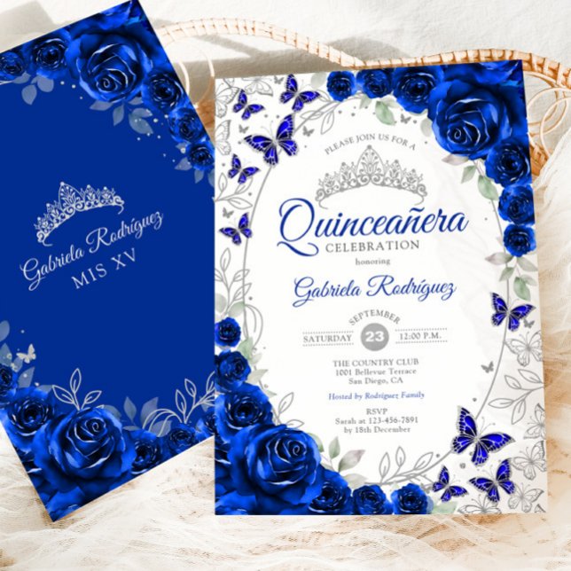 Kunglig blå silverblommig Quinceanera Inbjudningar (Skapare uppladdad)