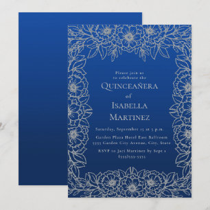 Kunglig blå silverblommig Quinceañera Sweet 15-inb Inbjudningar
