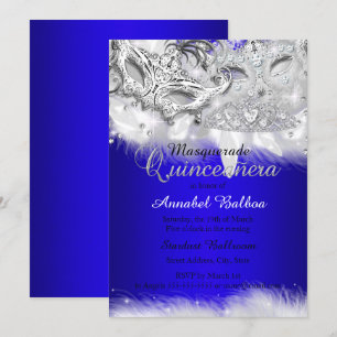 Kunglig blå silverglänsande maskerad Quinceanera Inbjudningar