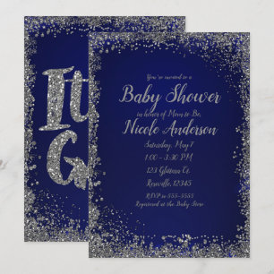 Kunglig blå silverglitter Glam modern babyfest Inbjudningar