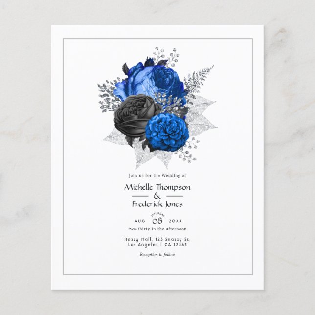 Kunglig blå, svart och silver blommande bröllop flygblad (Framsidan)