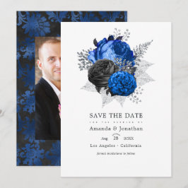 Kunglig blå, svart och silver blommande bröllopsfo spara datumet