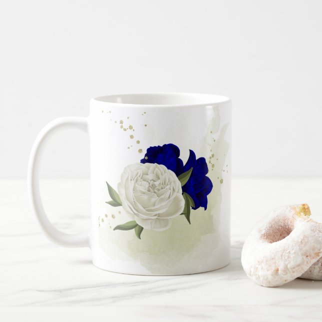 kunglig blå vit blomster grönska  kaffemugg (Med munk)