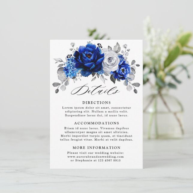 Kunglig blå vit metallisk silver blomsterdetaljer tilläggskort (Stående Fram)