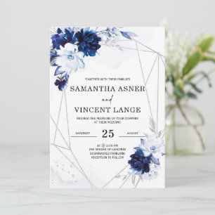 Kunglig Blå Vit Silver Blommig Bröllop Inbjudningar