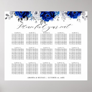 Kunglig blå vit silver blomster sittplatskarta poster