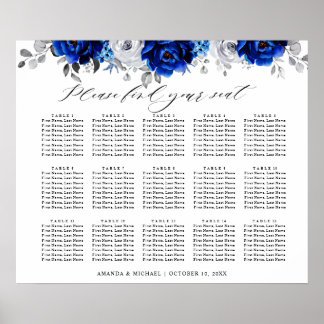 Kunglig blå vit silver blomster sittplatskarta poster