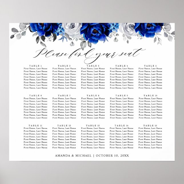 Kunglig blå vit silver blomster sittplatskarta poster (Framsidan)