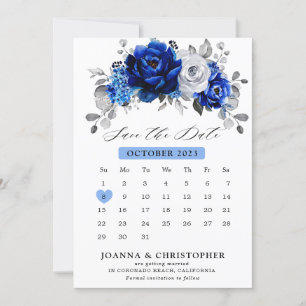 Kunglig blå vit silver metallisk blomkalender S Spara Datumet