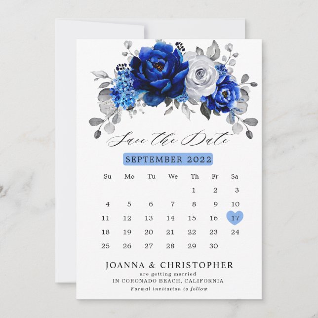 Kunglig blå vit silver metallisk blomkalender S Spara Datumet (Framsida)