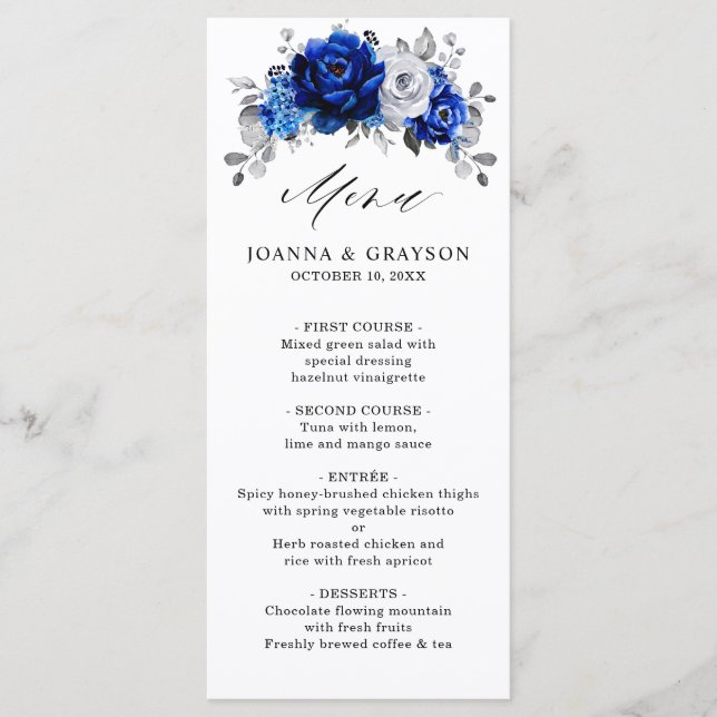 Kunglig blå vit silver metallisk blomsterbröllop meny (Framsida)