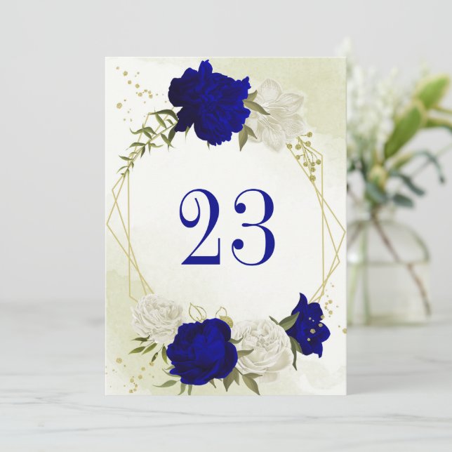kunglig blå vita blommor gröna blad bord nummer inbjudningar (Stående Fram)
