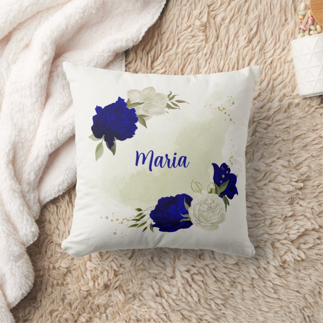 kunglig blå vita blommor gröna blad kudde (Filt)