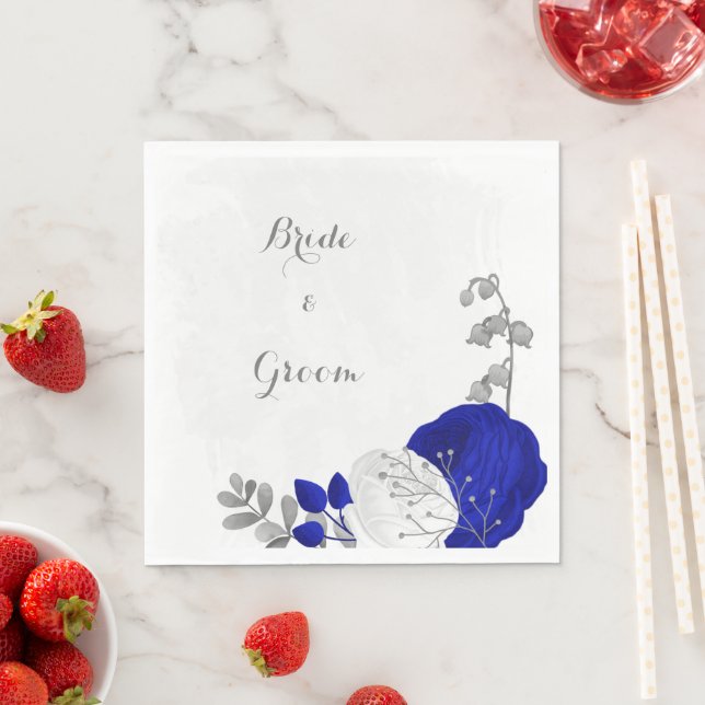 kunglig blå & vita blommor silverbröllop pappersservett (Insitu)