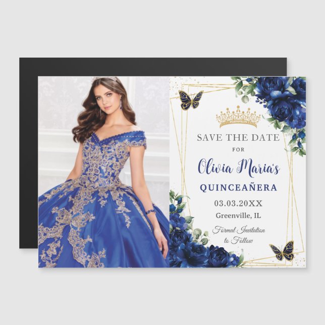 Kunglig Blomsterglas Quinceañera Foto Spara Datum Magnetisk Inbjudningskort (Fram/baksida)