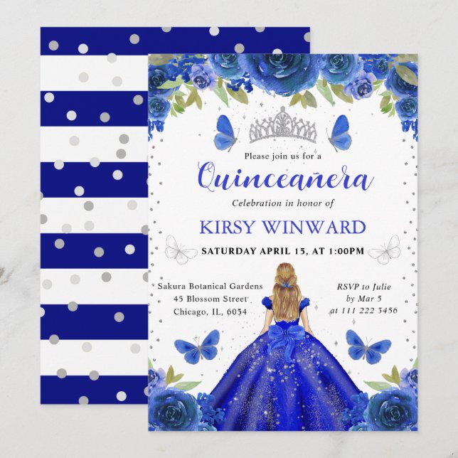 Kunglig Blond Blå Prinsessa Quinceanera Inbjudningar (Fram/baksida)
