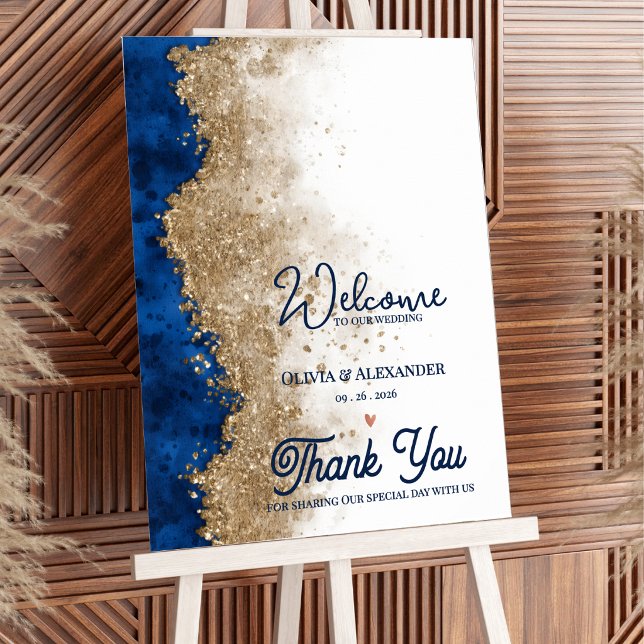 Kunglig Elegant Marinblå Guld Bröllops Välkomst Poster (Royal Blue Gold Wedding Welcome Sign | Elegant Navy Blue Gold Wedding Welcome Poster)