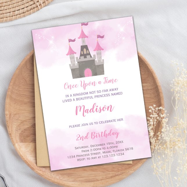 Kunglig festkort för flickor inbjudningar (Pink Gray Castle Princess Birthday Invitations)