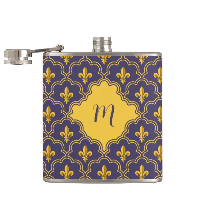Kunglig Fleur-de-Lis lila och guld Mönster Fickplunta (Öppnad)