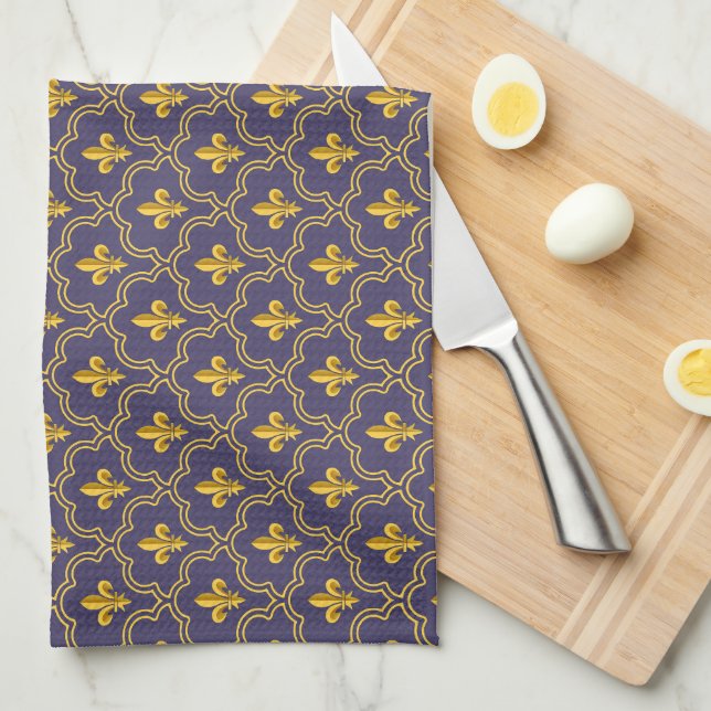 Kunglig Fleur-de-Lis lila och guld Mönster Kökshandduk (Vikt i Fjärdedel)
