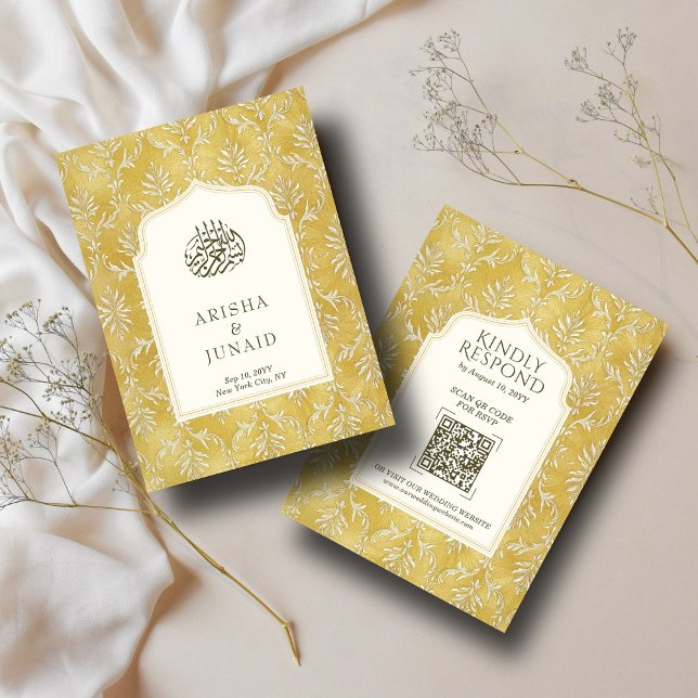 Kunglig Guld Damask Muslim QR-kod RSVP Bröllopsweb Tilläggskort (Skapare uppladdad)