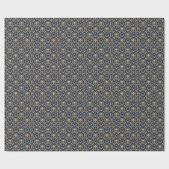 Kunglig guld krona blå sammets lyx damaskmönster presentpapper (Platt)