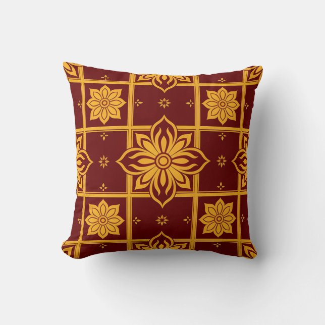 Kunglig guld- och vinröd damask blomsterdesign kudde (Framsida)