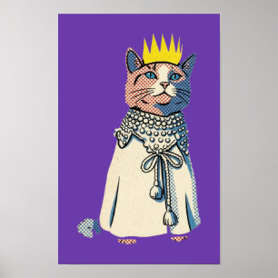Kunglig katt i krona och kappa Vintage Pop Art Gra Poster