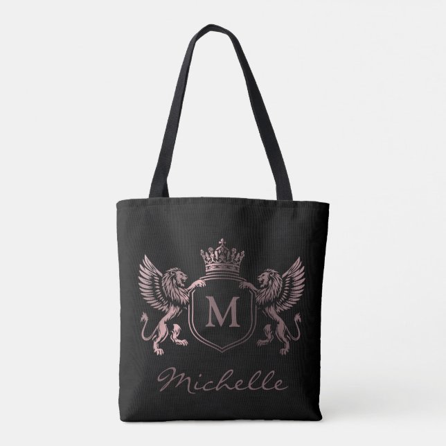 Kunglig Kron Emblem Lejon Monogram Skript Roséguld Tygkasse (Baksida)