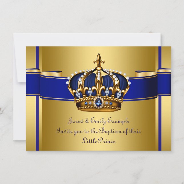 Kunglig krona blå och guld prins dop inbjudningar (Framsida)