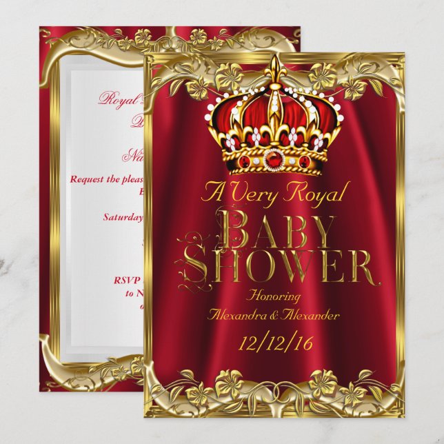 Kunglig krona i rött och guld för baby shower inbjudningar (Fram/baksida)